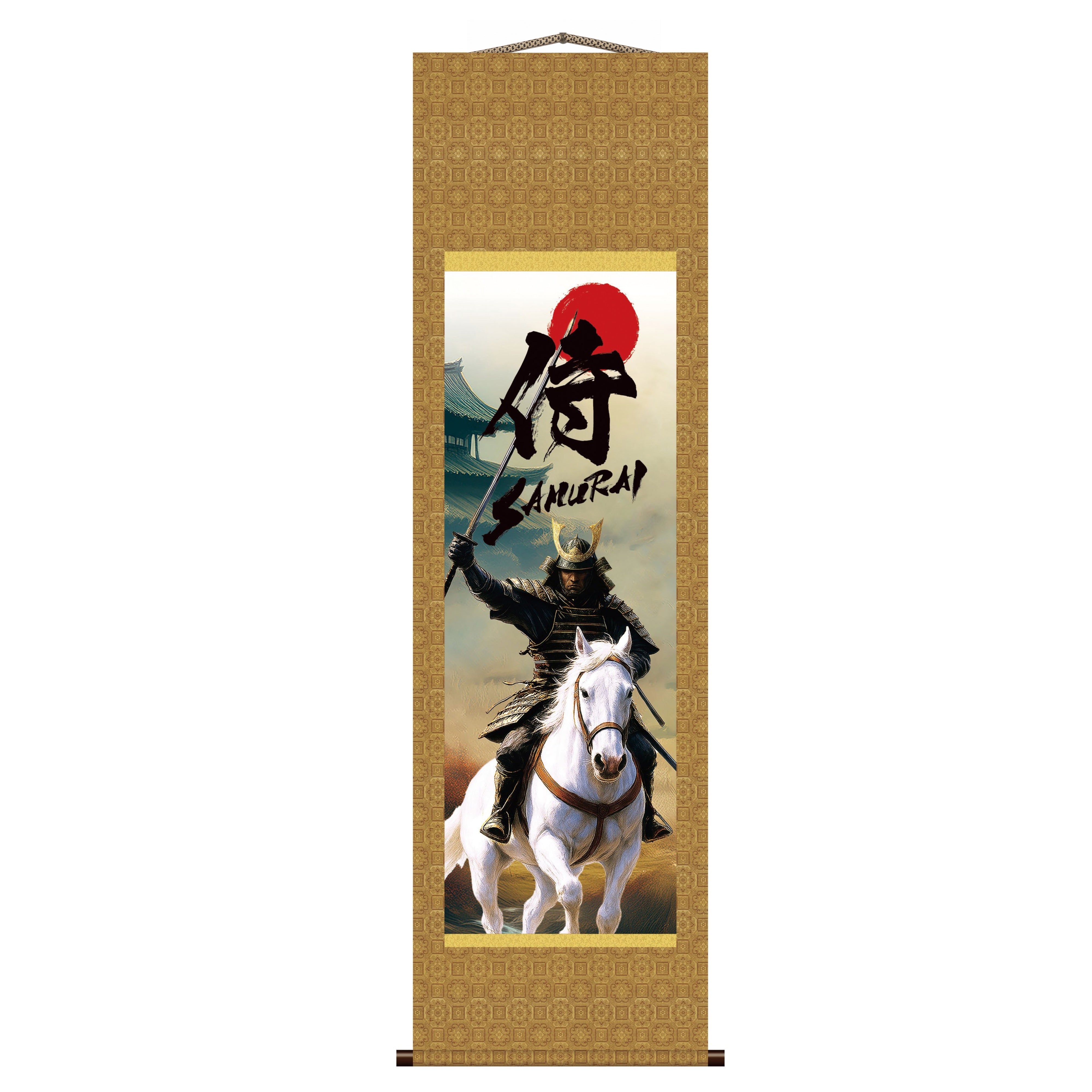 Pendurador de Parede Kakemono Samurai Japonês – Samurai Montado com Espada em Cavalo Branco