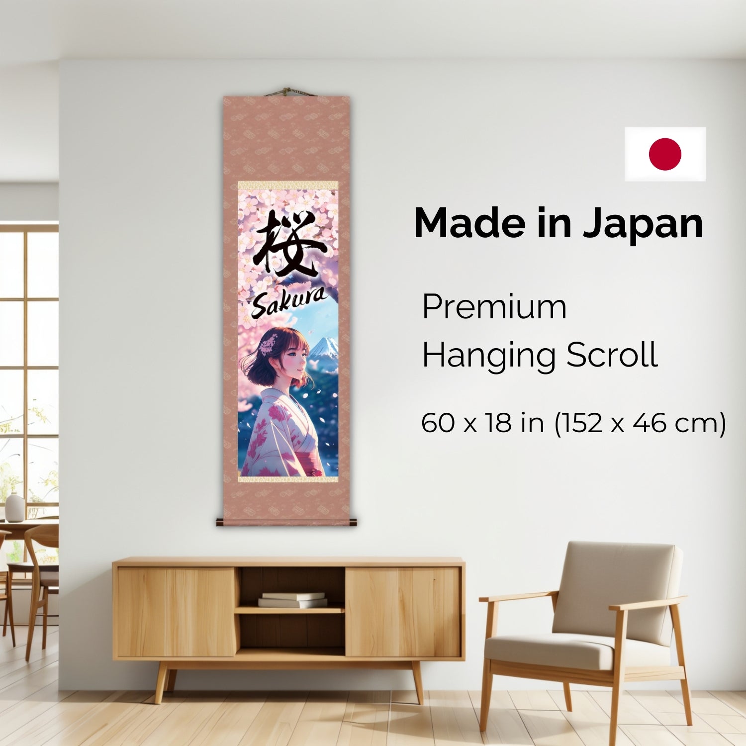 Póster de pared de pergamino japonés de anime Sakura – Mujer con kimono y el Monte Fuji