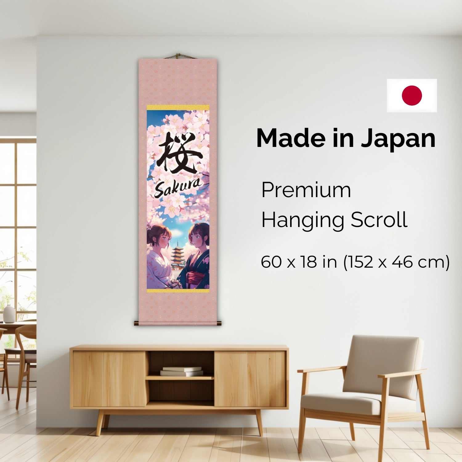 Póster de pared enrollable Sakura de anime japonés – Mujeres con kimono y pagoda