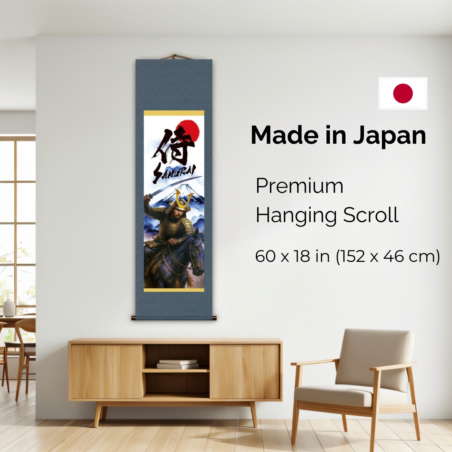 Japanisches Samurai Kakemono Wandbild – Samurai mit Schwert und Mount Fuji montiert