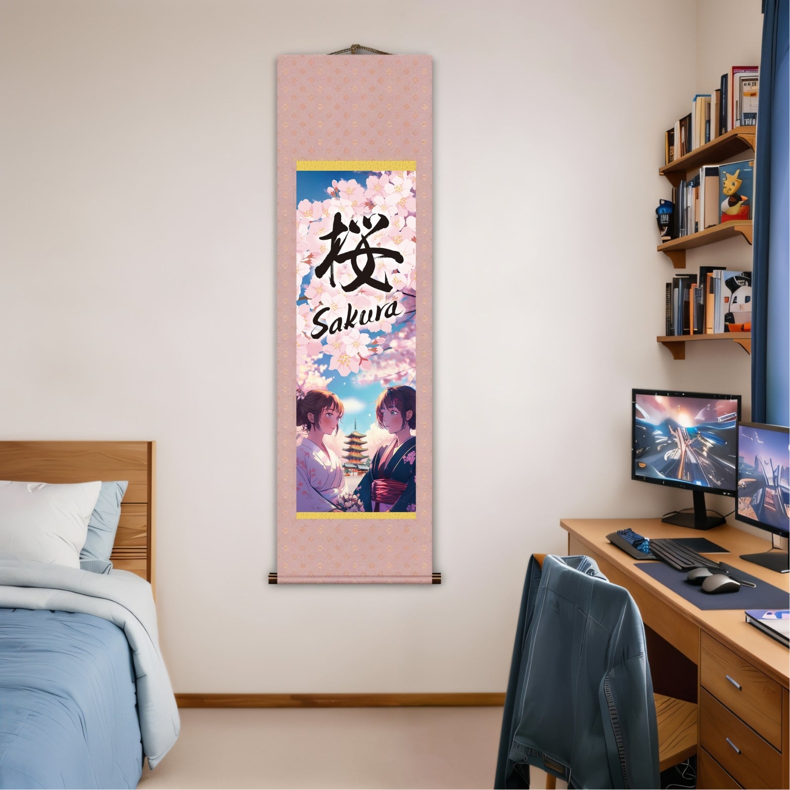 Póster de pared enrollable Sakura de anime japonés – Mujeres con kimono y pagoda