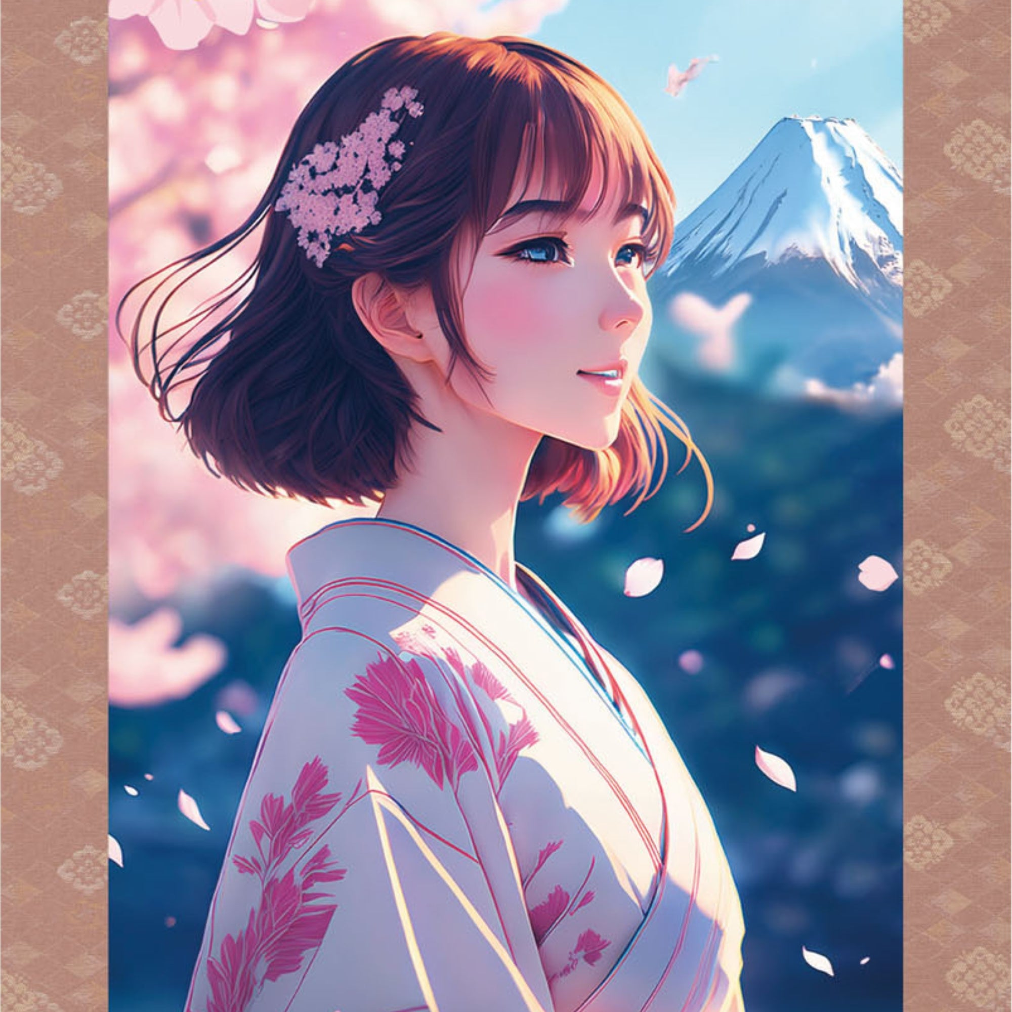 Póster de pared de pergamino japonés de anime Sakura – Mujer con kimono y el Monte Fuji