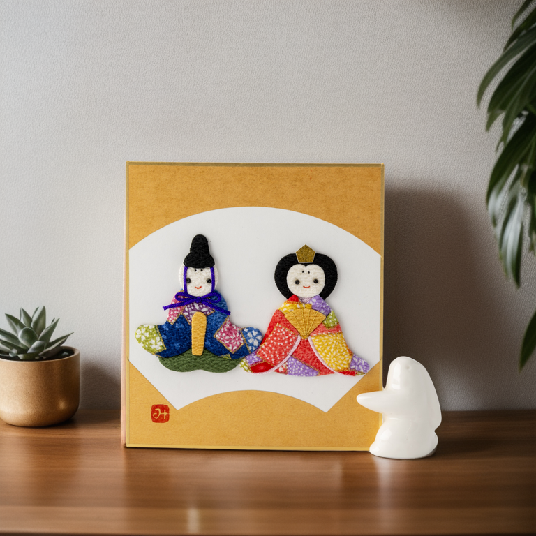 Hina Matsuri - Raised Cloth Artwork, Includes a Rabbit Stand