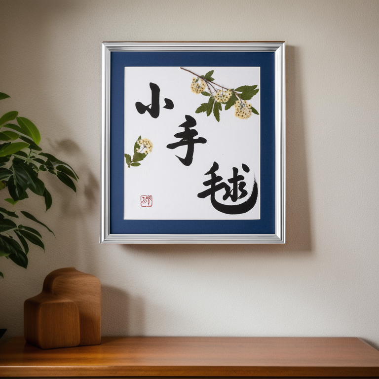 Pressed Flower Kodemari "Reeves Spirea" in Japanese - Silver Frame with Blue Mat, Design 2 (Free Shipping)