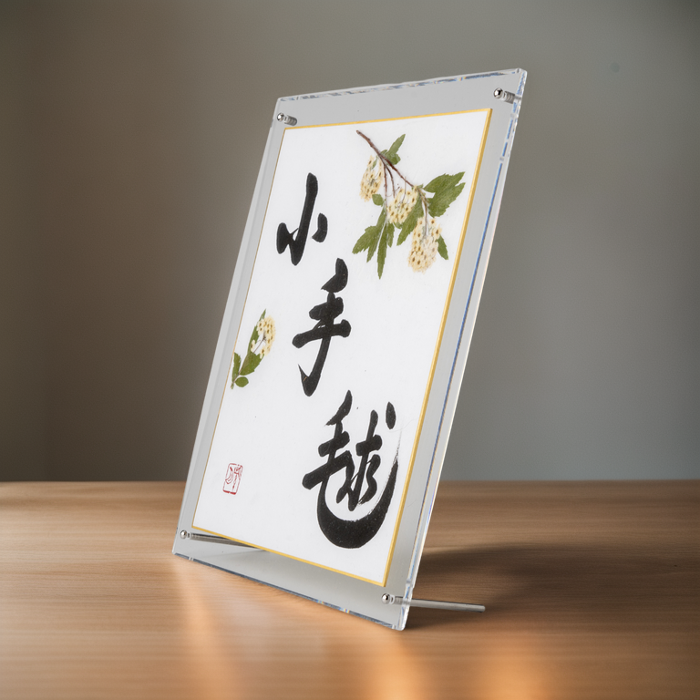 Pressed Flower Kodemari "Reeves Spirea" in Japanese - Acrylic Clear Frame, Design 2 (Free Shipping)