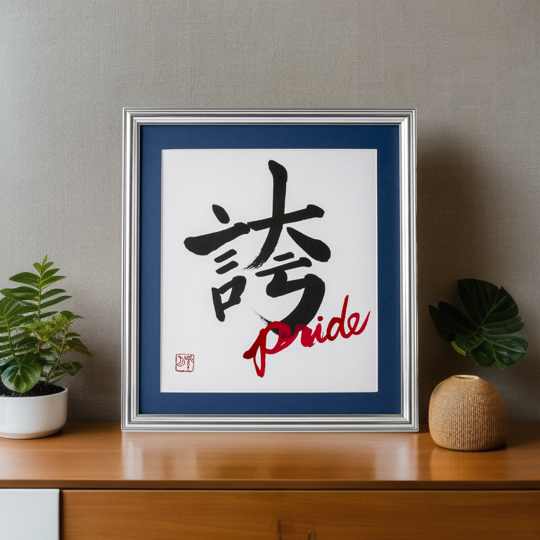 Hokori "Pride" in Japanese - Silver Frame with Blue Mat (Free Shipping)