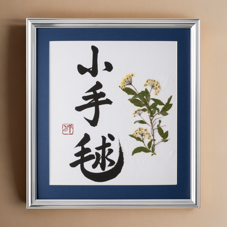 Pressed Flower Kodemari "Reeves Spirea" in Japanese - Silver Frame with Blue Mat, Design 1 (Free Shipping)