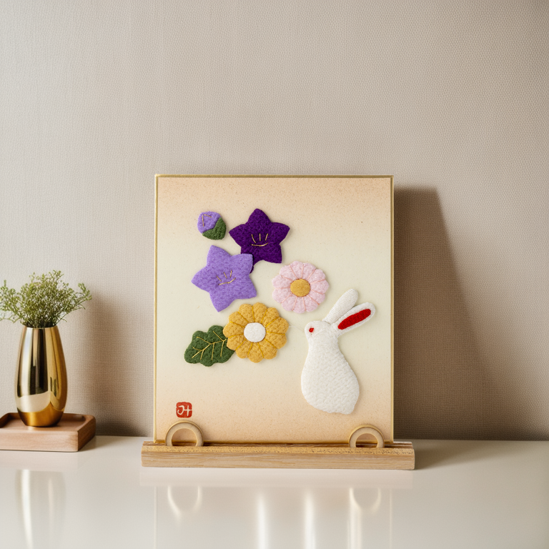 Autumn Flowers and Rabbit - Raised Cloth Artwork, Includes a Bamboo Stand