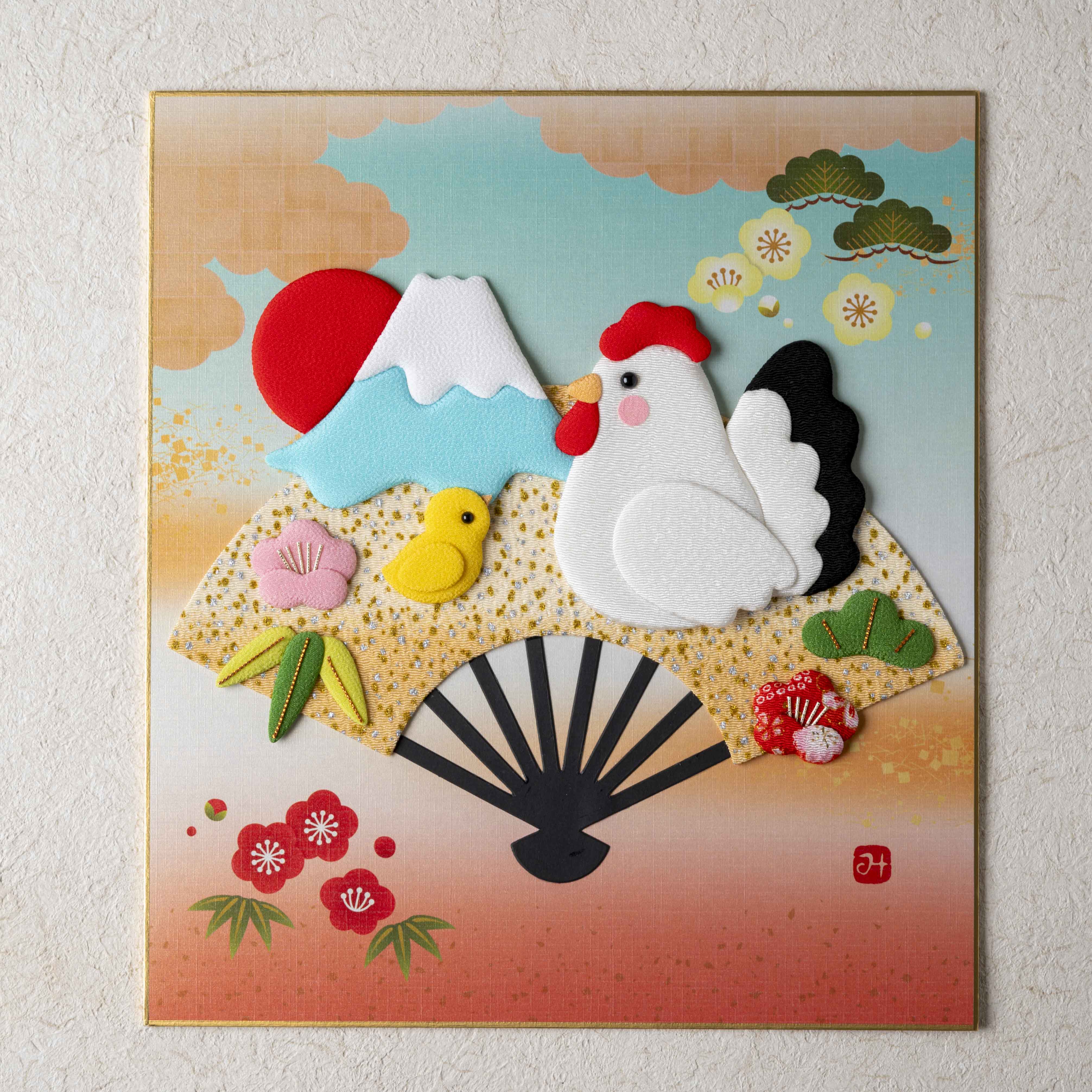 Rooster and Chick with Mount Fuji - Navy Blue and Gold Frame, Raised Cloth Artwork