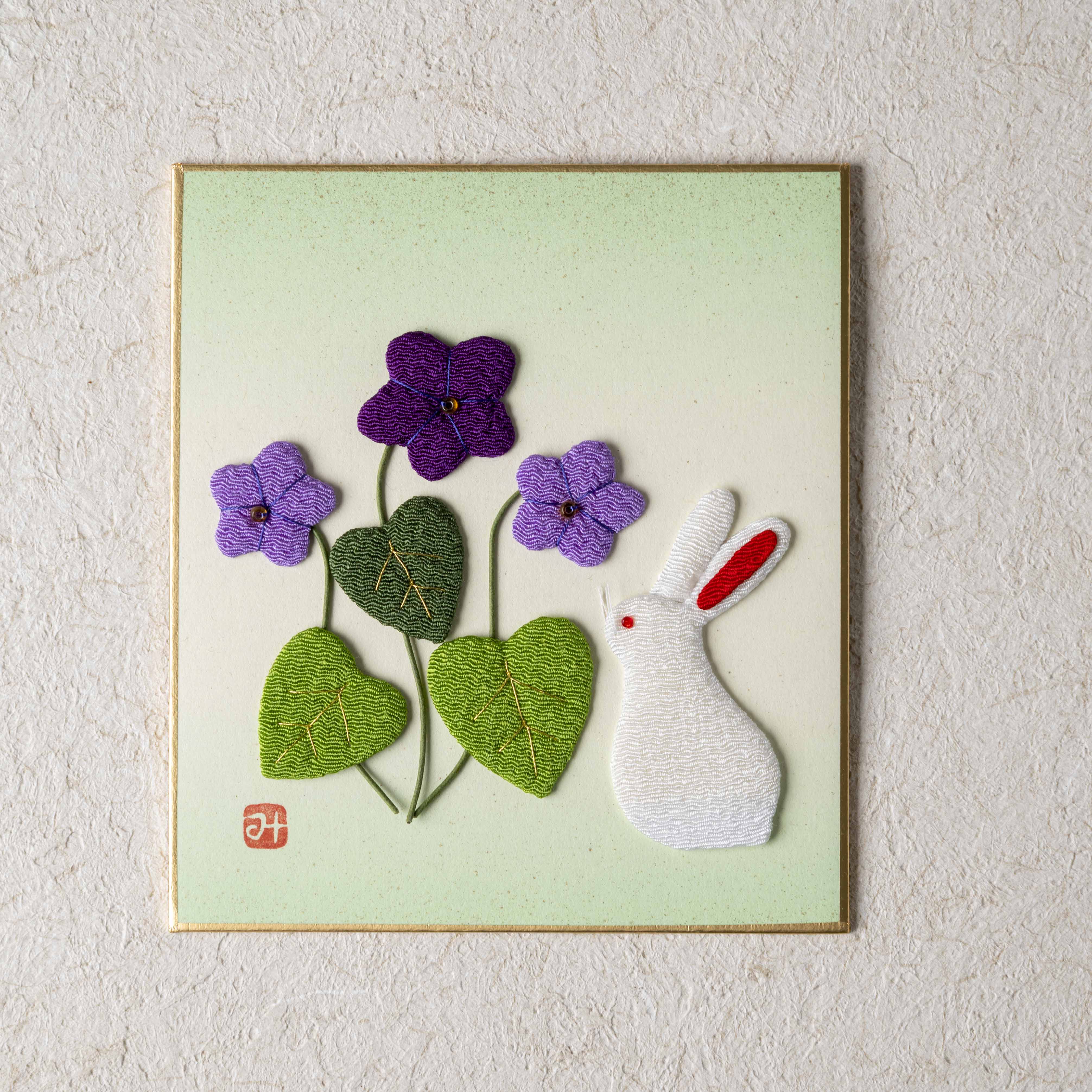 Violet and Rabbit - Raised Cloth Artwork, Includes a Wooden Stand