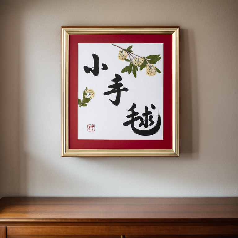 Pressed Flower Kodemari "Reeves Spirea" in Japanese - Gold Frame with Red Mat, Design 2 (Free Shipping)