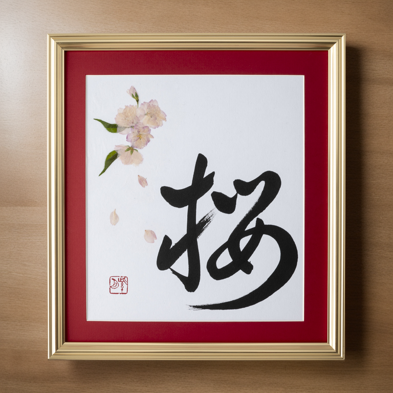 Pressed Flower Sakura "Cherry Blossom" in Japanese - Gold Frame with Red Mat, Design 2 (Free Shipping)