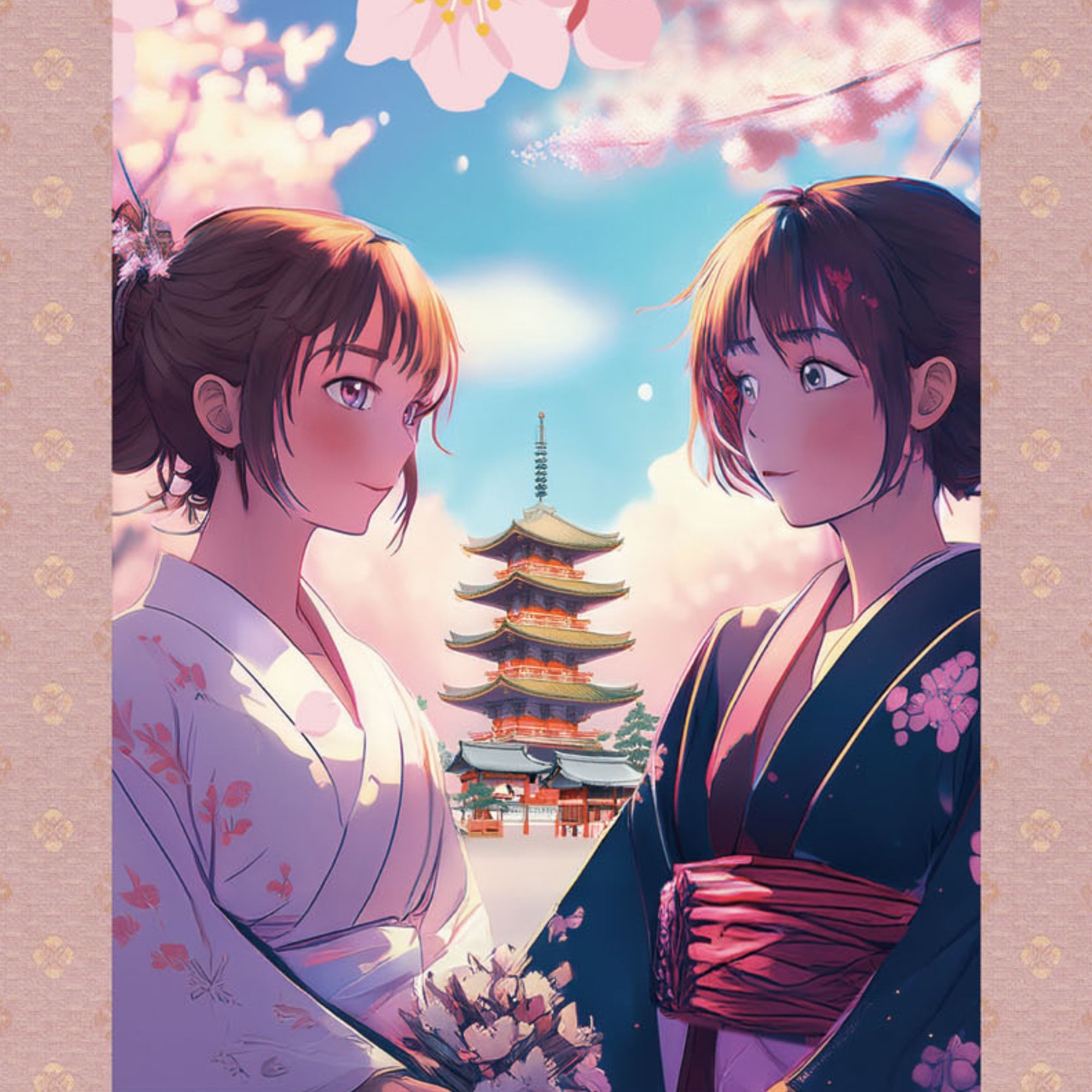 Póster de pared enrollable Sakura de anime japonés – Mujeres con kimono y pagoda 
