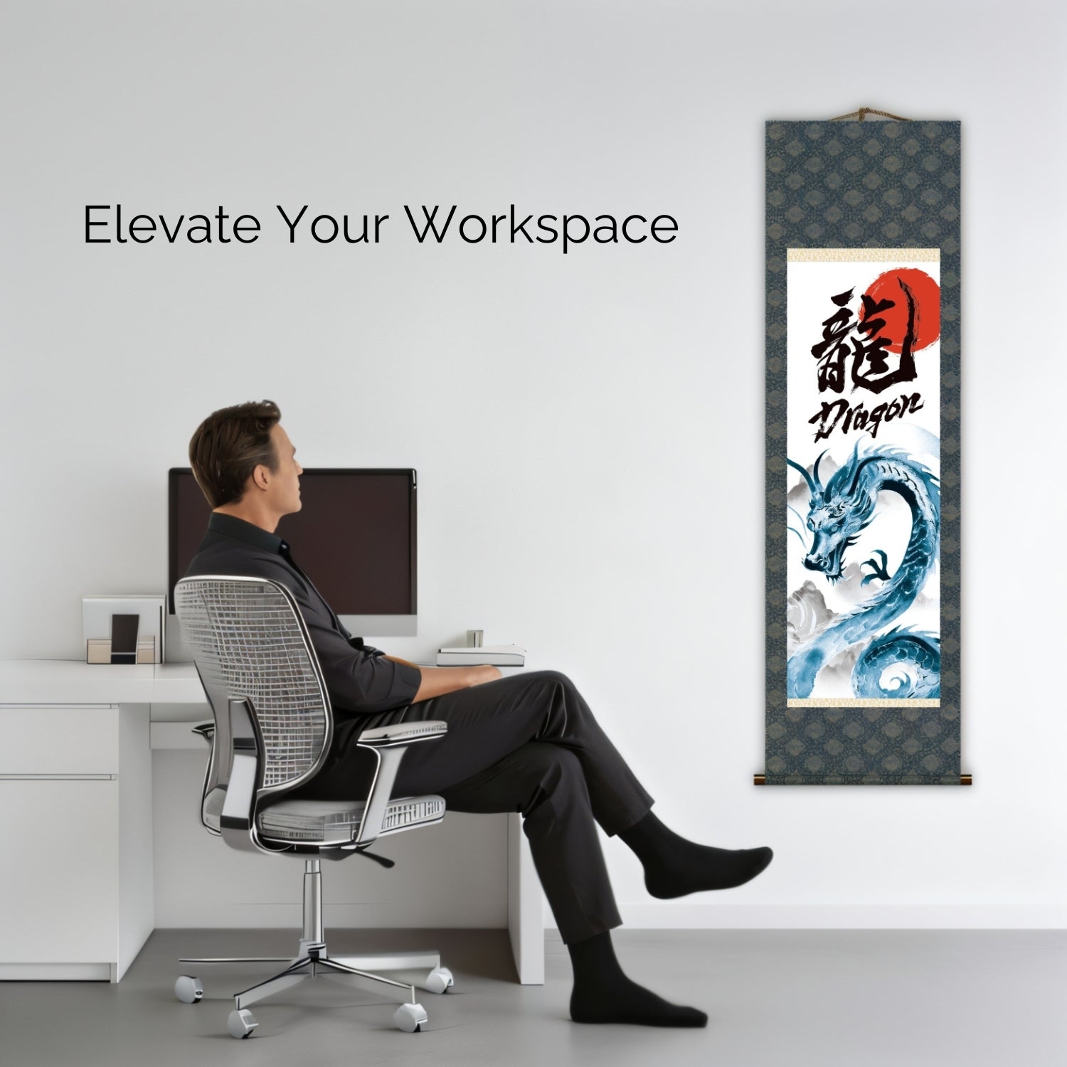 Kakemono mural Dragon japonais – Dragon bleu ascendant 