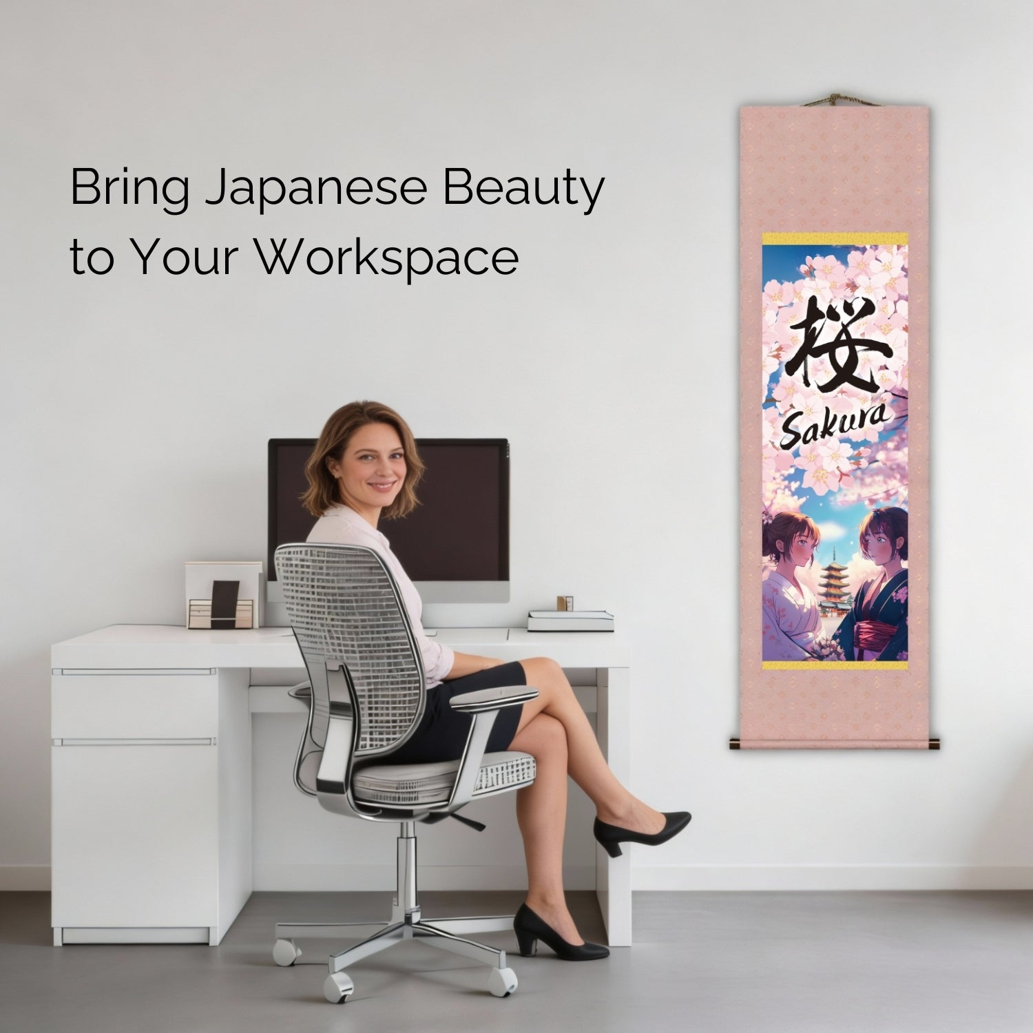Póster de pared enrollable Sakura de anime japonés – Mujeres con kimono y pagoda 