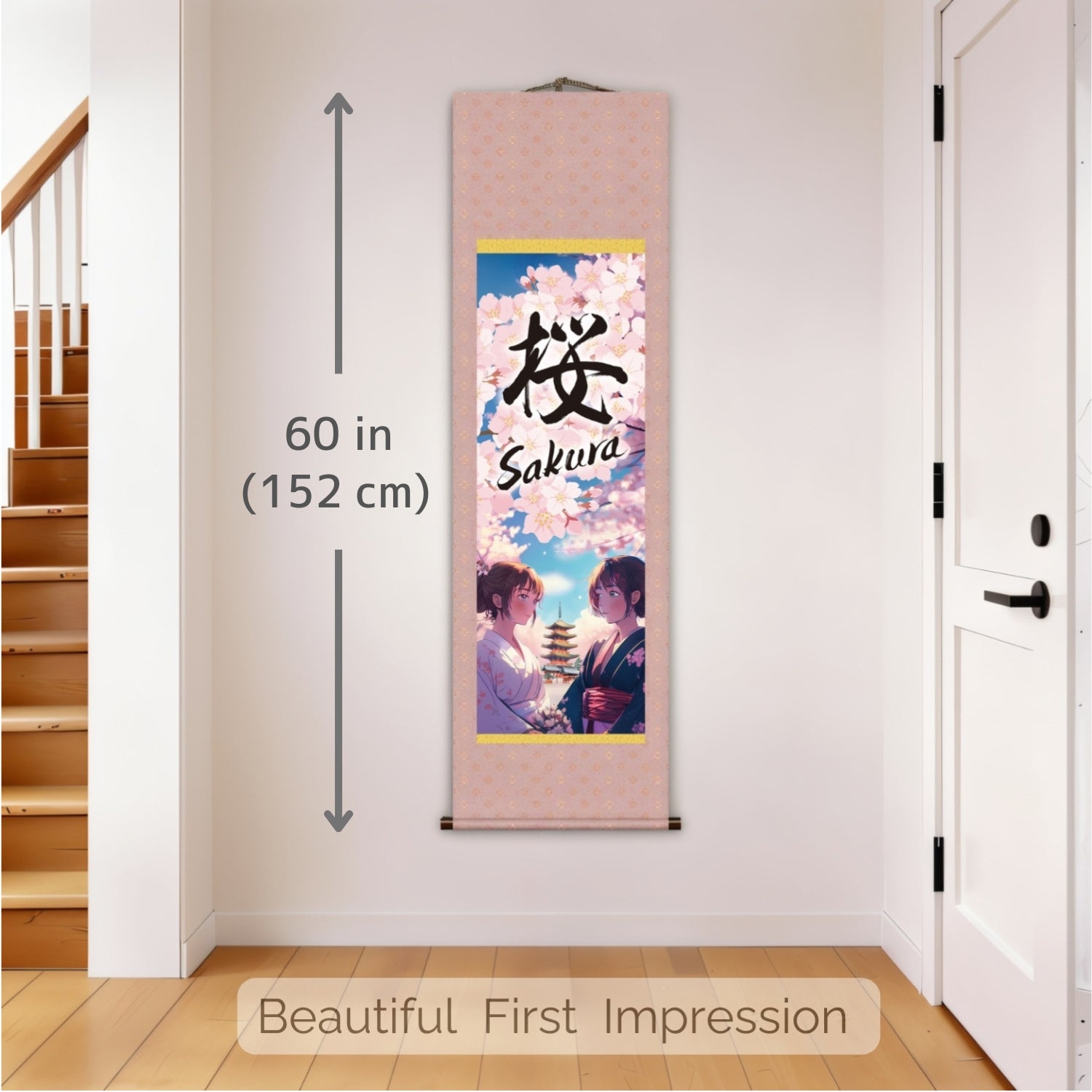 Póster de pared enrollable Sakura de anime japonés – Mujeres con kimono y pagoda 