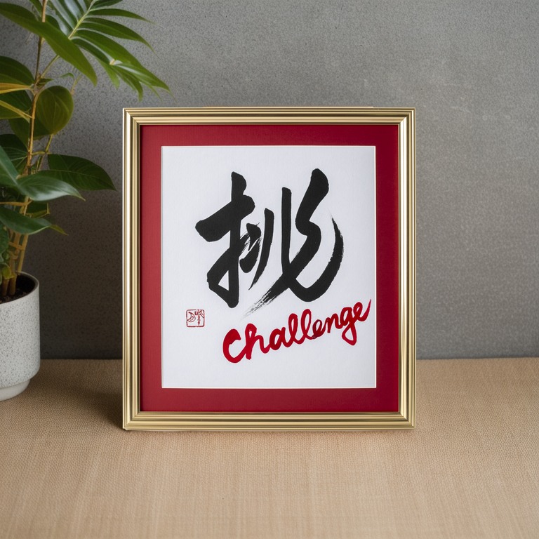 Idomu "Challenge" in Japanese - Gold Frame with Red Mat (Free Shipping)