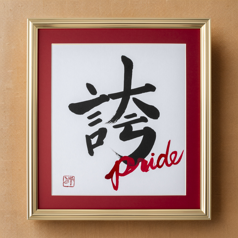 Hokori "Pride" in Japanese - Gold Frame with Red Mat (Free Shipping)