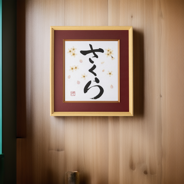 Pressed Flower Sakura "Cherry Blossom" in Japanese - Wooden Frame with Red Mat, Design 3 (Free Shipping)