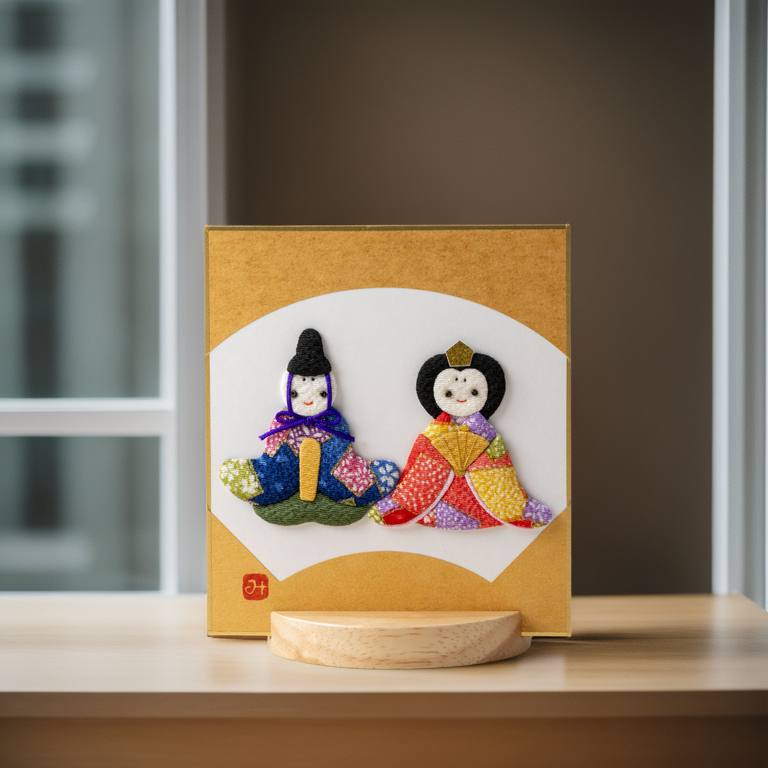 Hina Matsuri - Raised Cloth Artwork, Includes a Wooden Stand