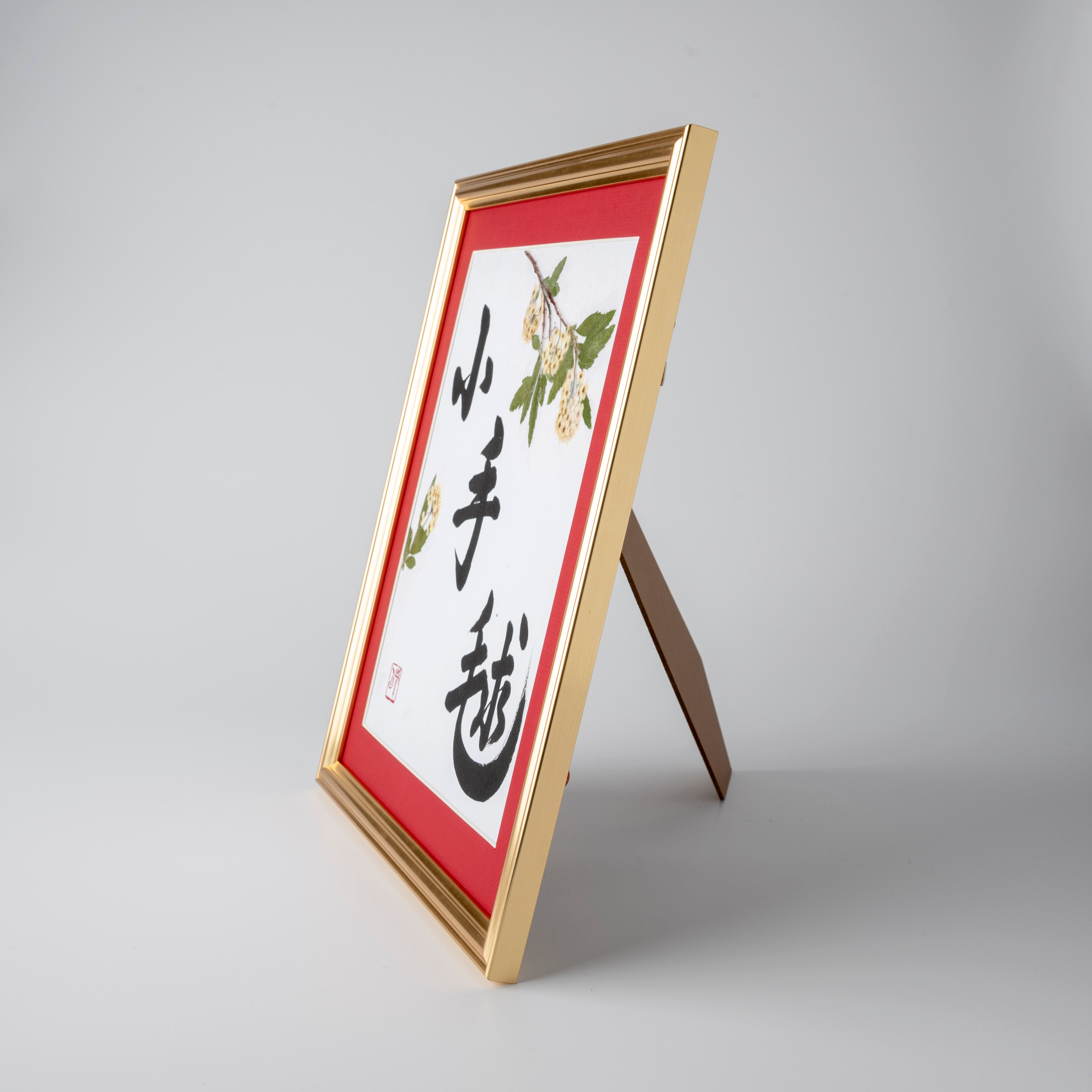 Pressed Flower Kodemari "Reeves Spirea" in Japanese - Gold Frame with Red Mat, Design 2 (Free Shipping)