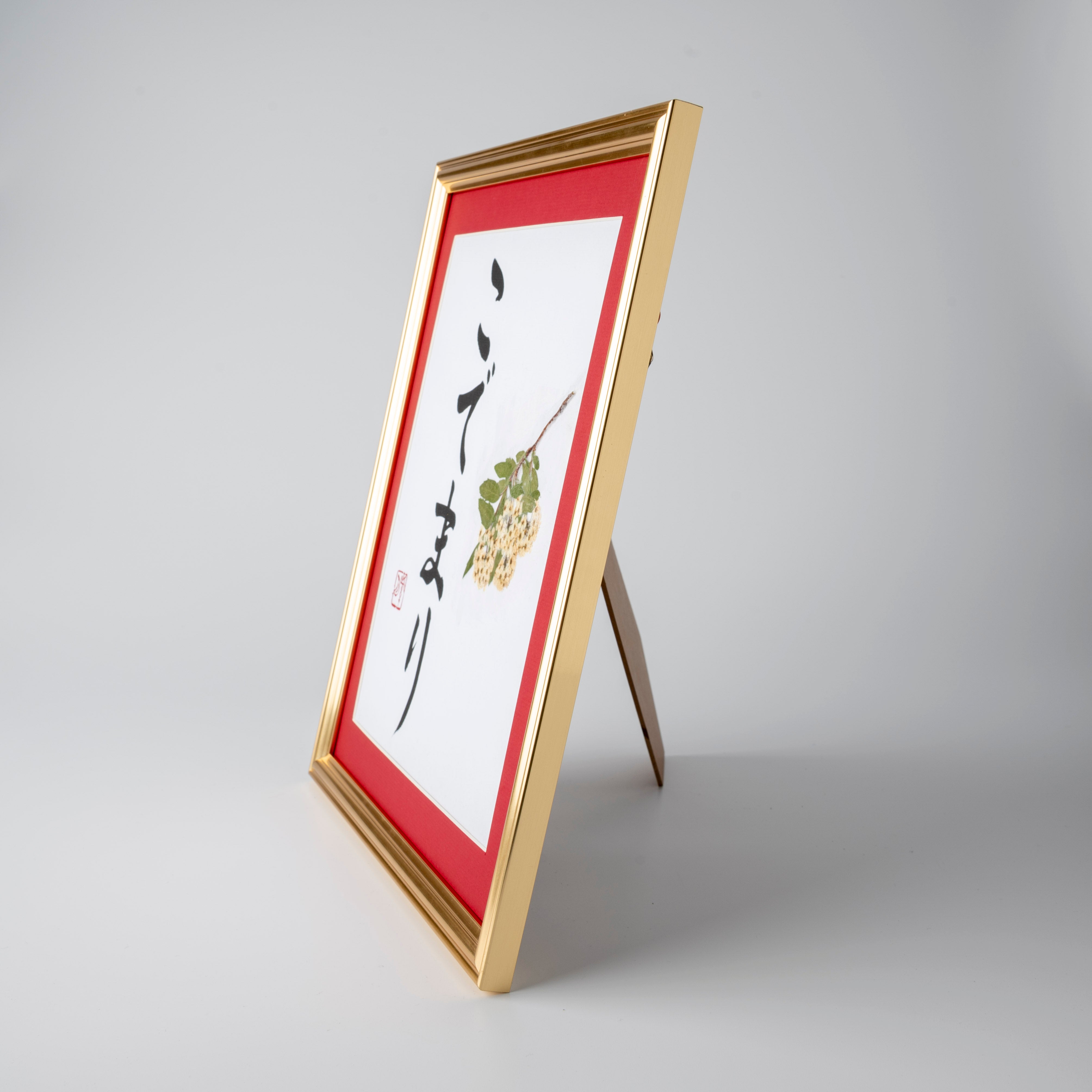 Pressed Flower Kodemari "Reeves Spirea" in Japanese - Gold Frame with Red Mat, Design 3 (Free Shipping)