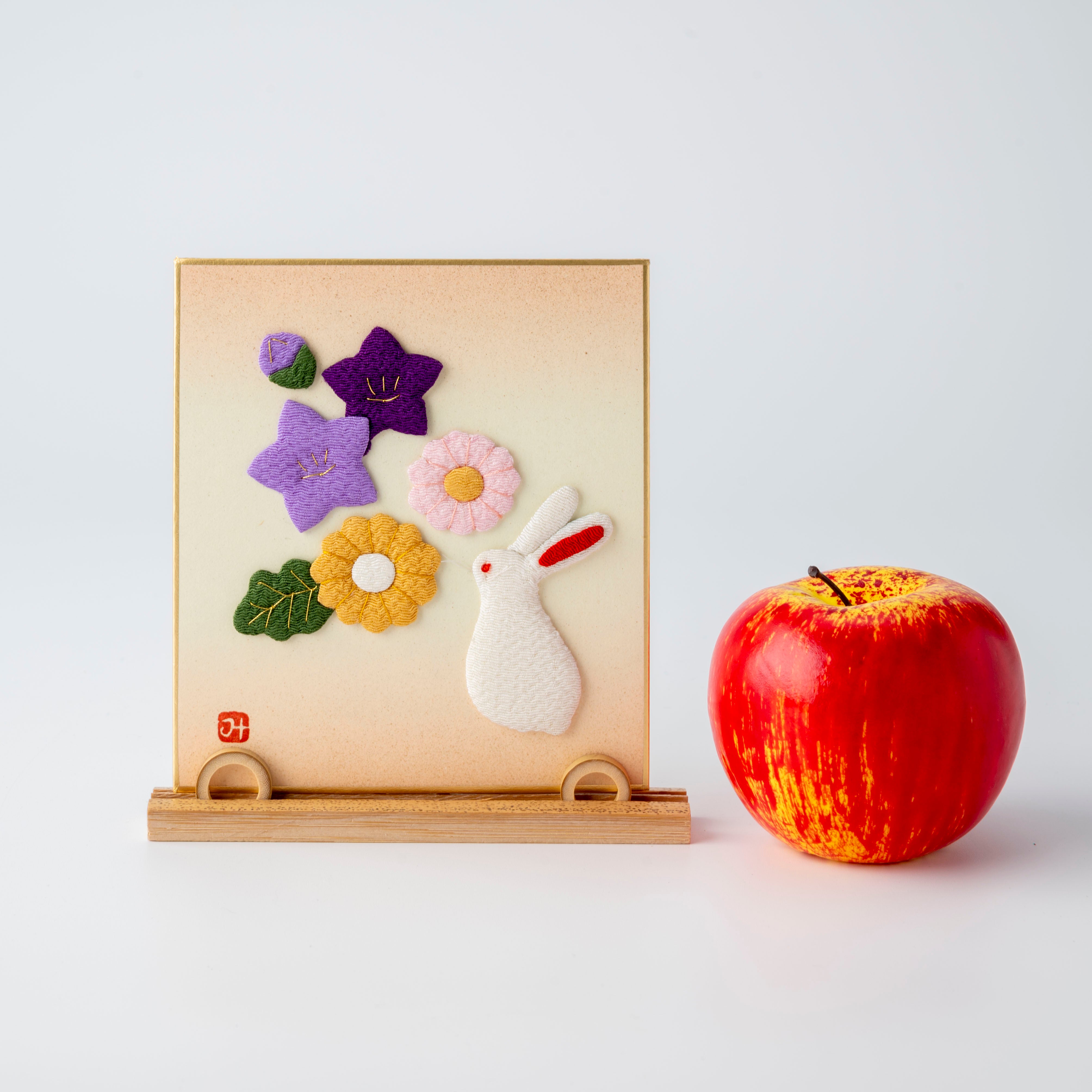 Autumn Flowers and Rabbit - Raised Cloth Artwork, Includes a Bamboo Stand