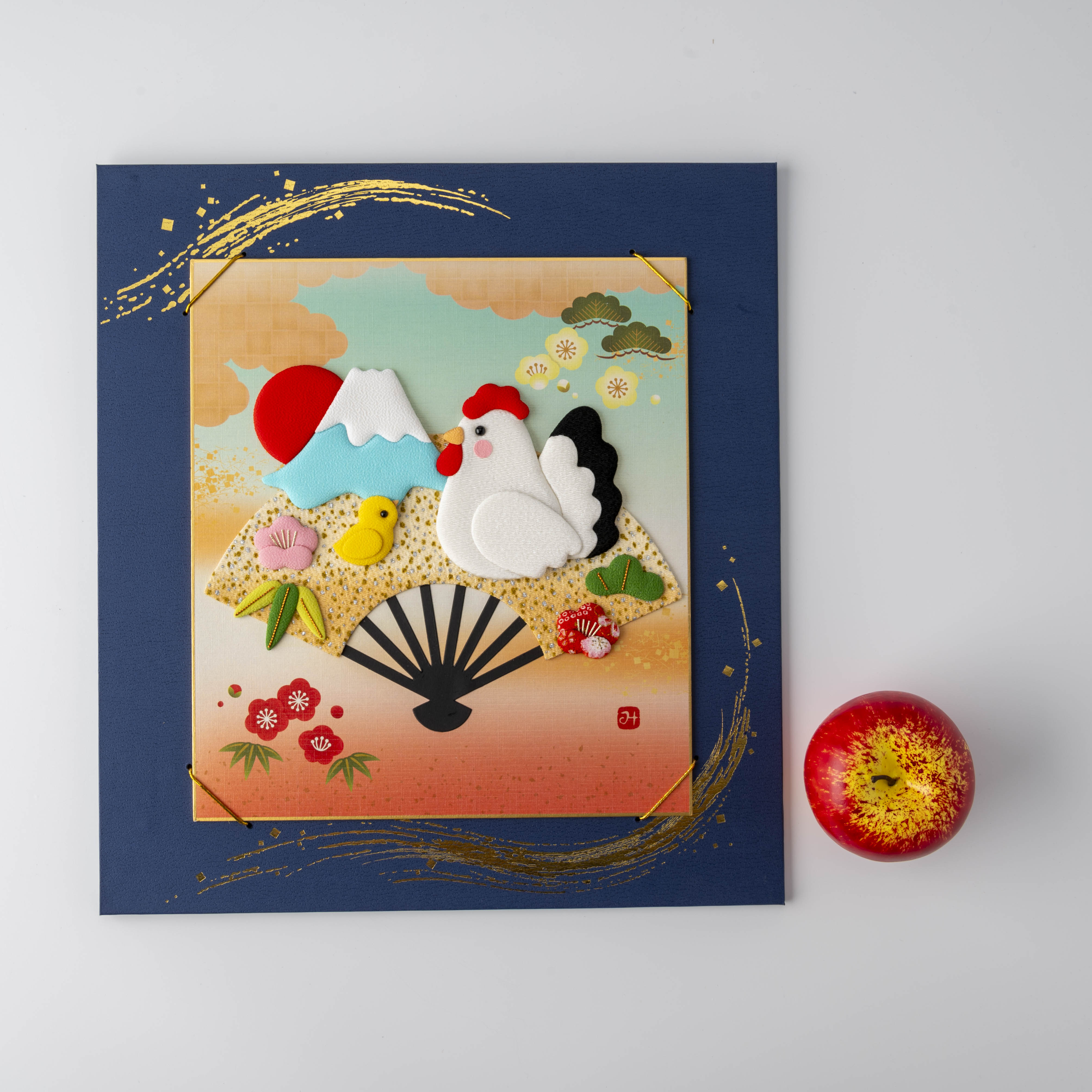 Rooster and Chick with Mount Fuji - Navy Blue and Gold Frame, Raised Cloth Artwork