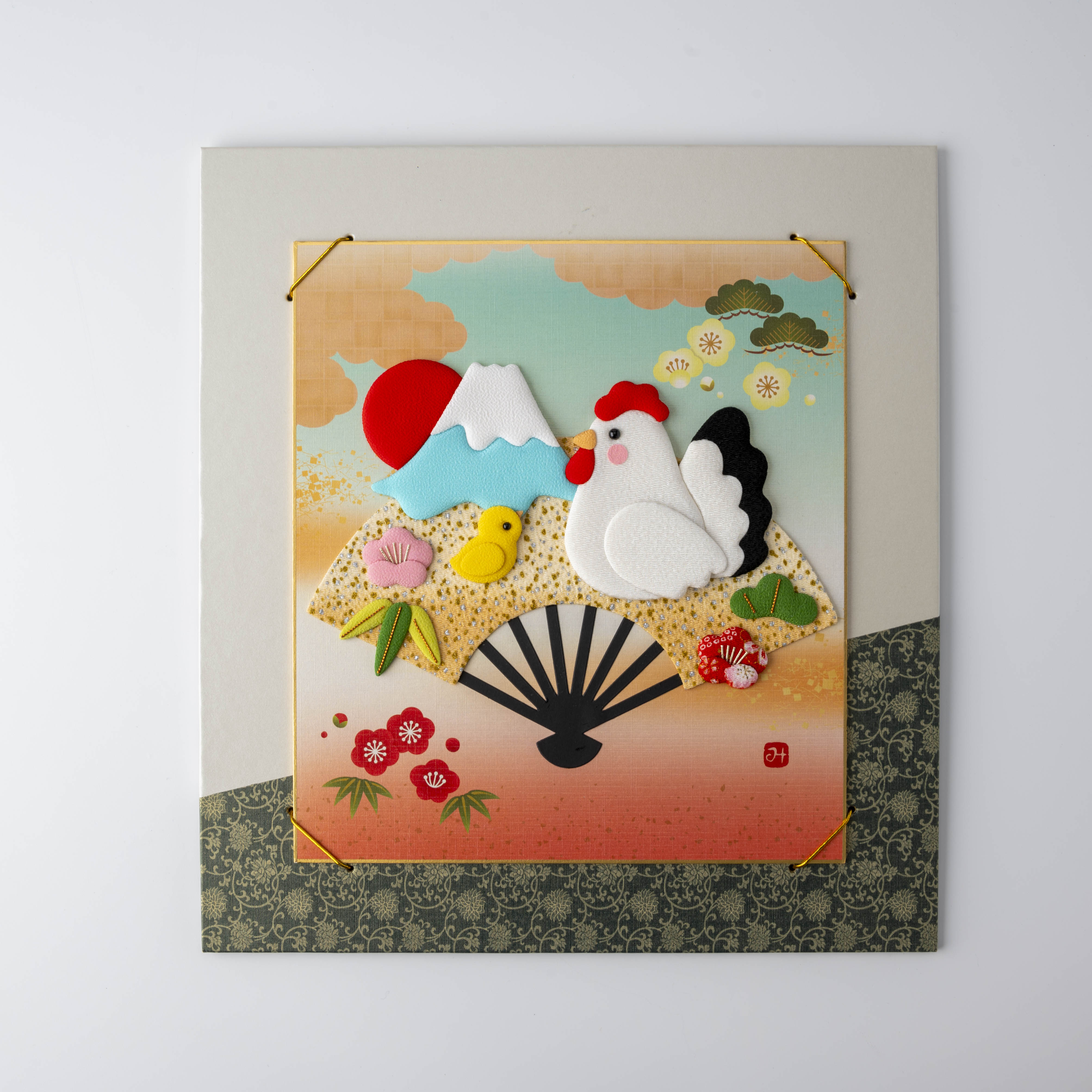 Rooster and Chick with Mount Fuji - Gray Frame, Raised Cloth Artwork