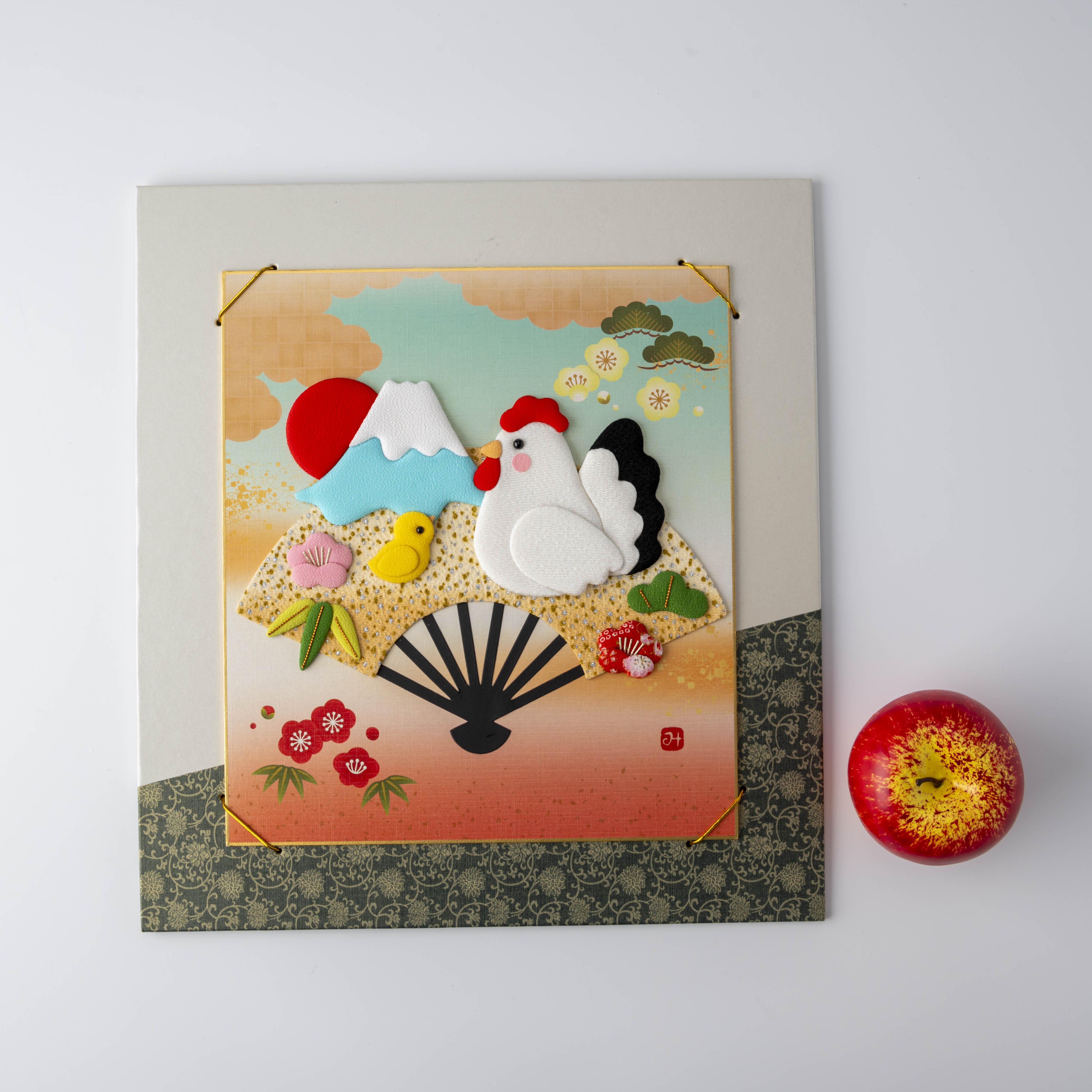 Rooster and Chick with Mount Fuji - Gray Frame, Raised Cloth Artwork