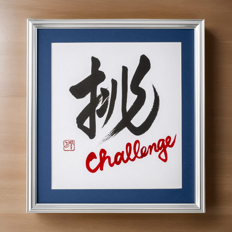 Idomu "Challenge" in Japanese - Silver Frame with Blue Mat (Free Shipping)