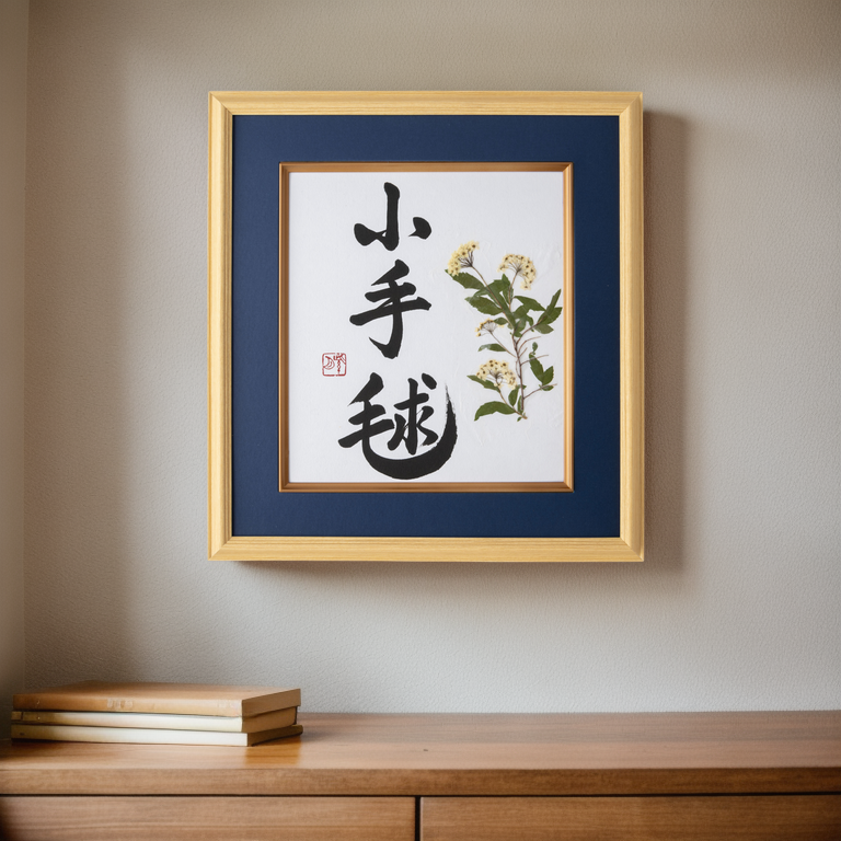 Pressed Flower Kodemari "Reeves Spirea" in Japanese - Wooden Frame with Blue Mat, Design 1 (Free Shipping)