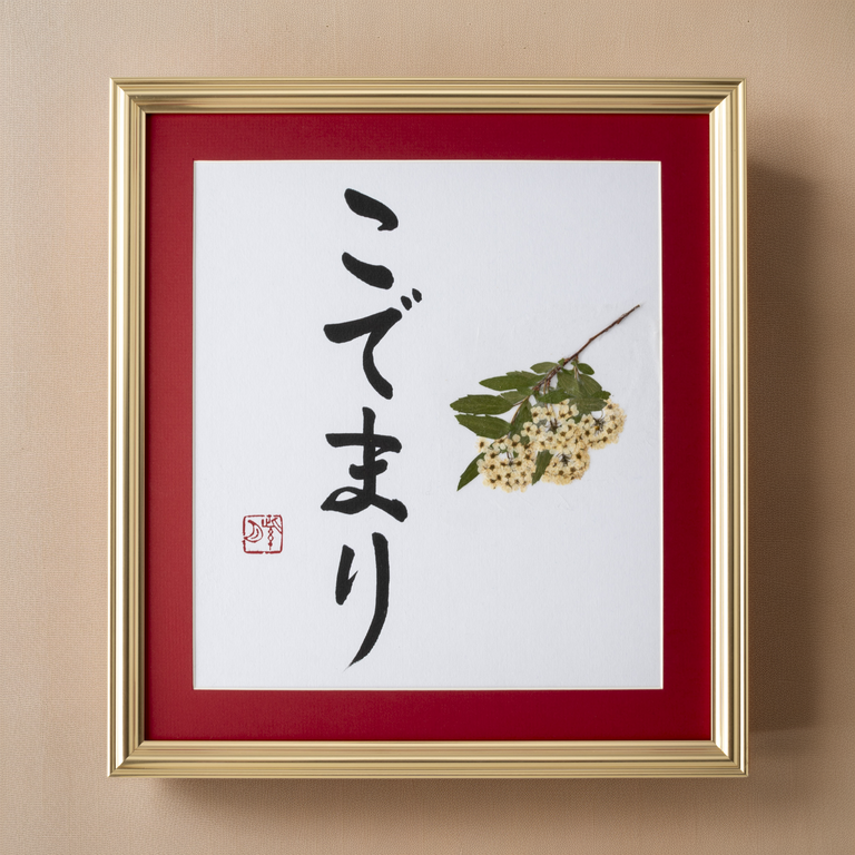 Pressed Flower Kodemari "Reeves Spirea" in Japanese - Gold Frame with Red Mat, Design 3 (Free Shipping)