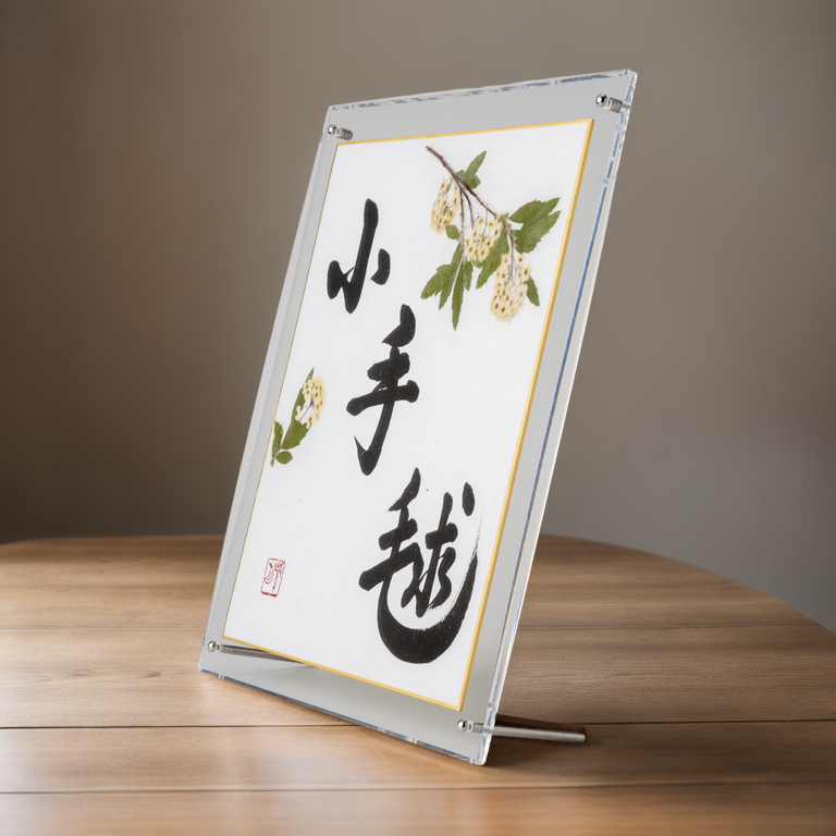 Pressed Flower Kodemari "Reeves Spirea" in Japanese - Acrylic Clear Frame, Design 2 (Free Shipping)