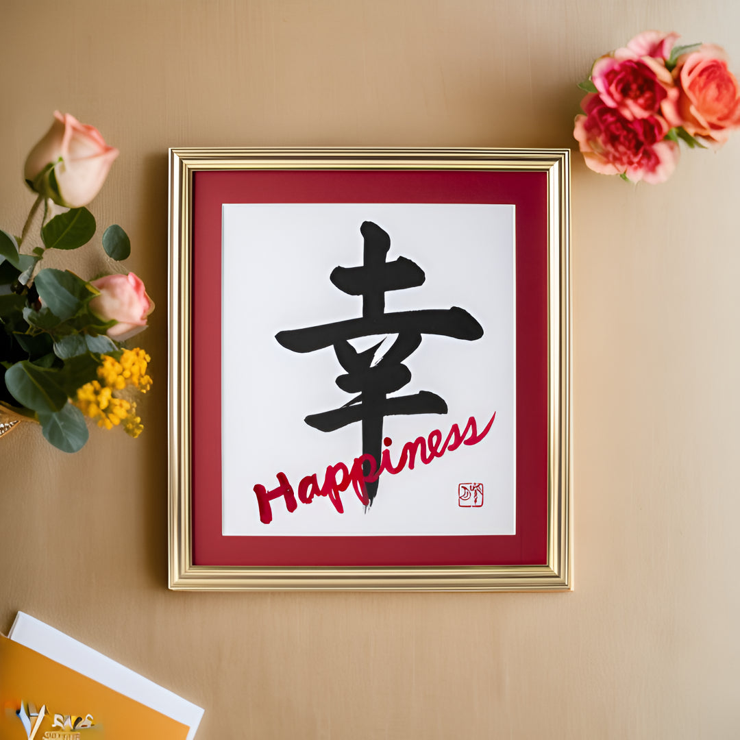 Shiawase "Happiness" in Japanese - Gold Frame with Red Mat (Free Shipping)