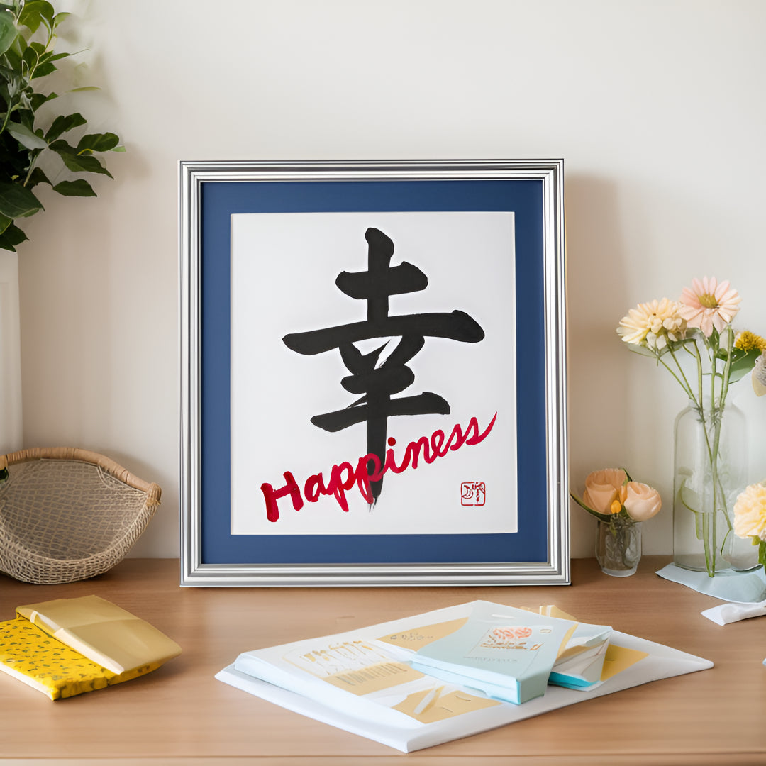 Shiawase "Happiness" in Japanese - Silver Frame with Blue Mat (Free Shipping)