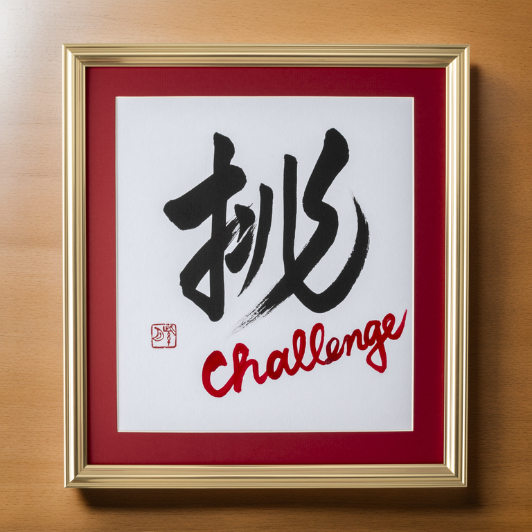 Idomu "Challenge" in Japanese - Gold Frame with Red Mat (Free Shipping)