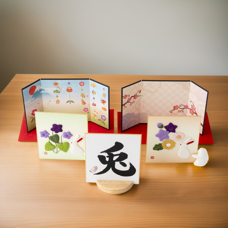 Bundled Product: Themed "Rabbit" - Shodo and Raised Cloth Artwork, Design 1