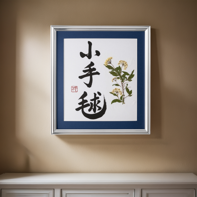 Pressed Flower Kodemari "Reeves Spirea" in Japanese - Silver Frame with Blue Mat, Design 1 (Free Shipping)