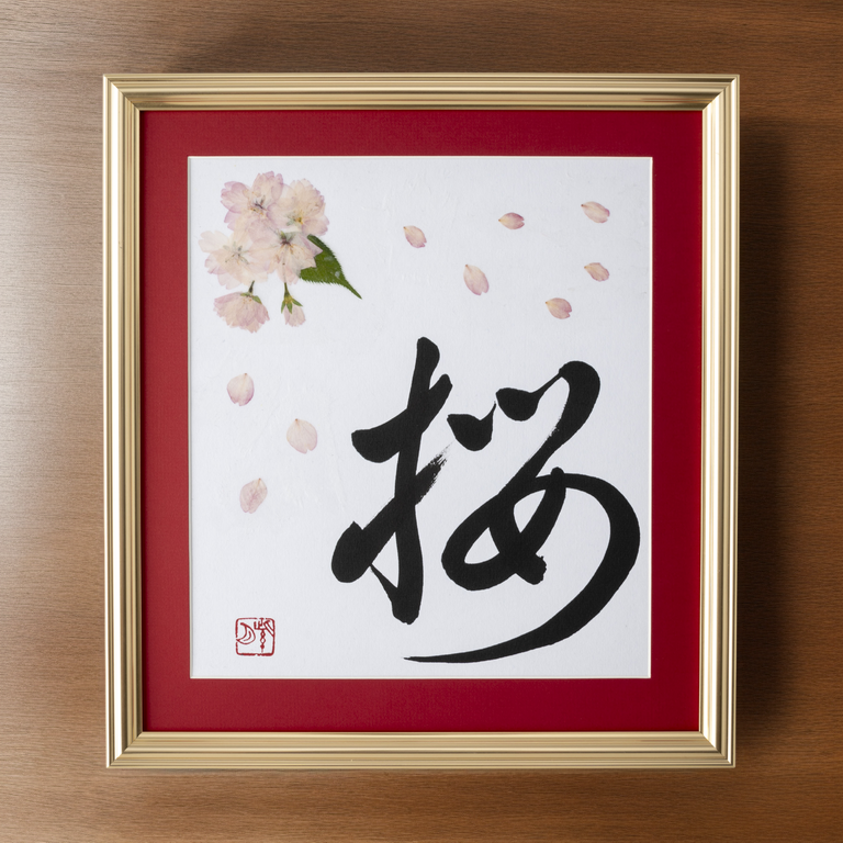 Pressed Flower Sakura "Cherry Blossom" in Japanese - Gold Frame with Red Mat, Design 1 (Free Shipping)