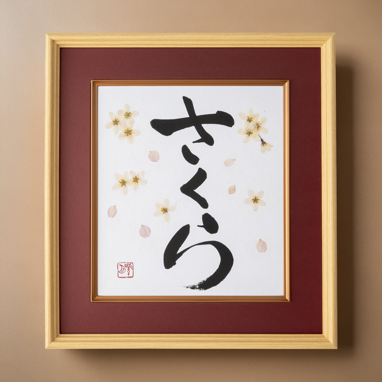 Pressed Flower Sakura "Cherry Blossom" in Japanese - Wooden Frame with Red Mat, Design 3 (Free Shipping)