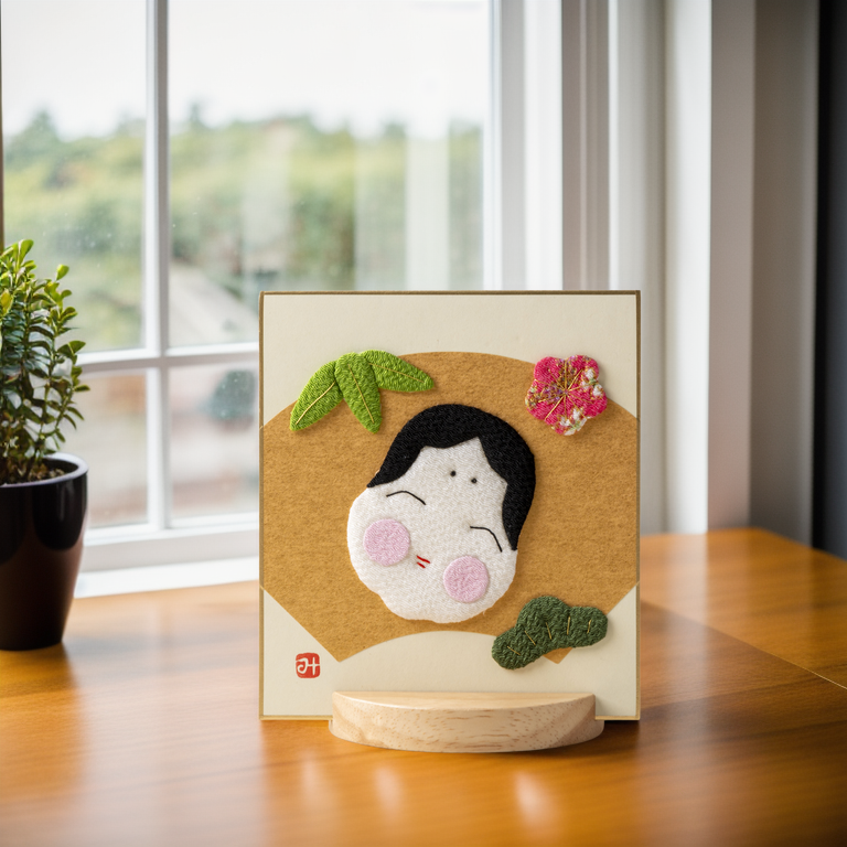 Ofuku-san - Raised Cloth Artwork, Includes a Wooden Stand