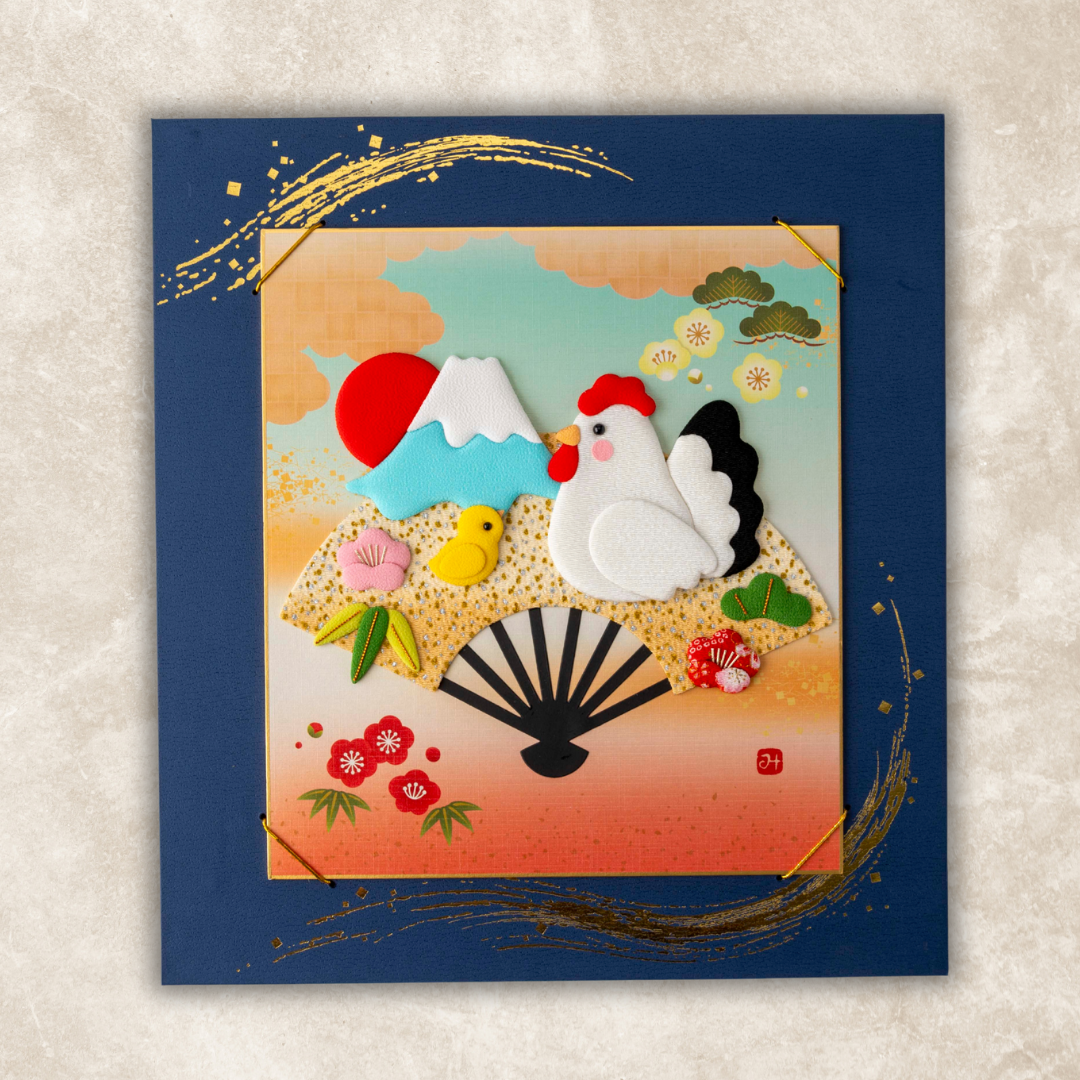 Rooster and Chick with Mount Fuji - Navy Blue and Gold Frame, Raised Cloth Artwork