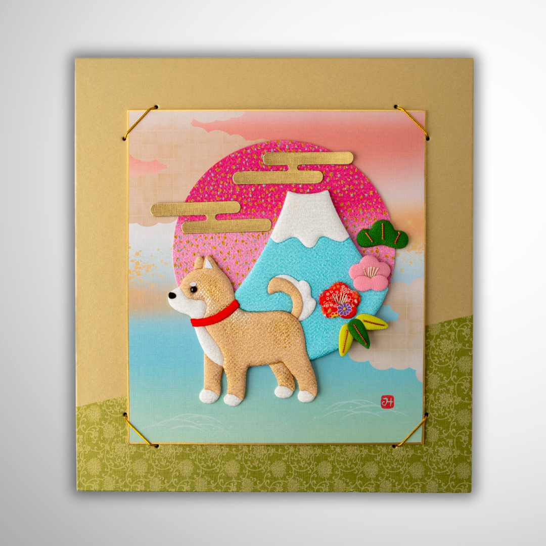 A Dog with Mount Fuji - Gold Frame, Raised Cloth Artwork