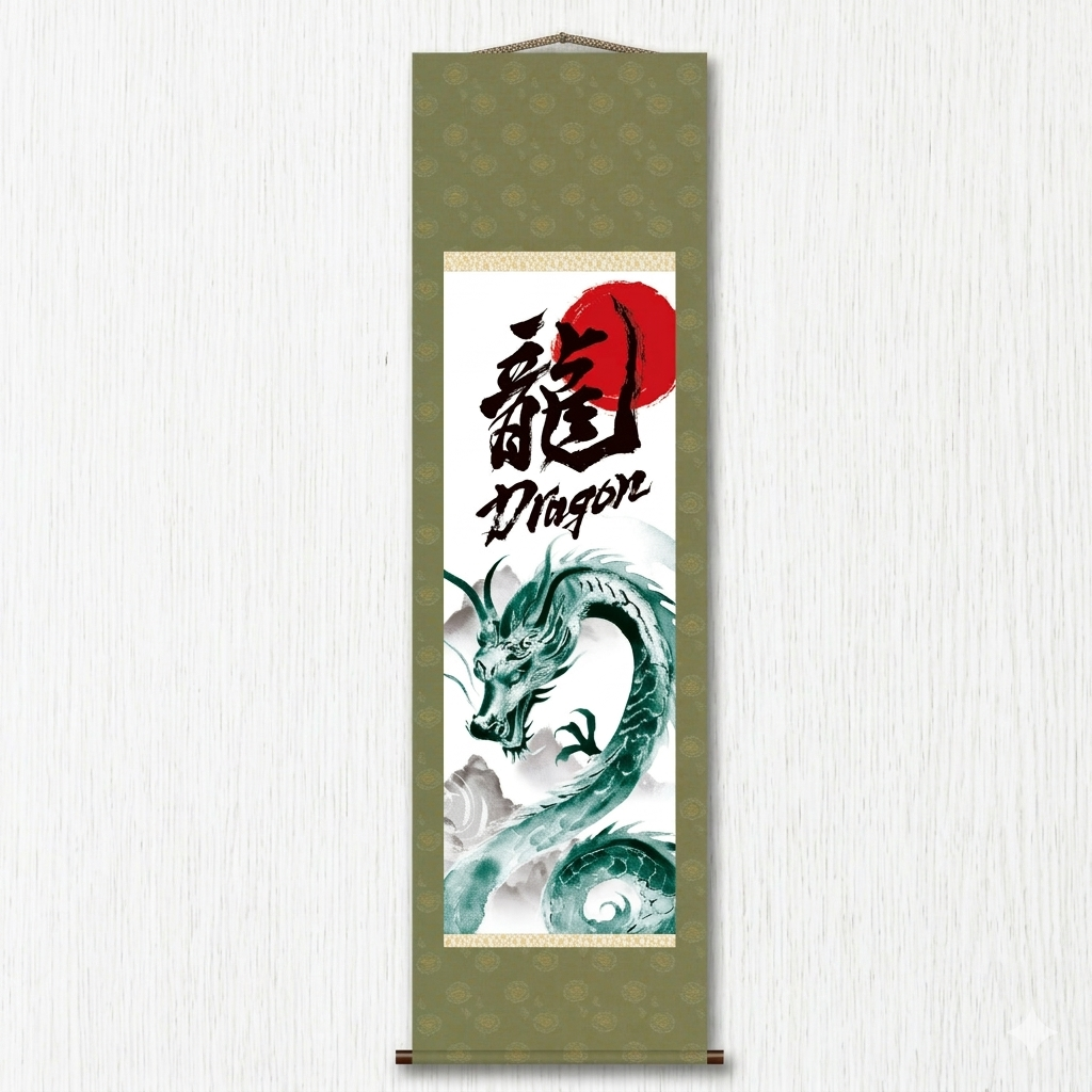 Japanese Dragon Kakemono Wall Scroll – Green Rising Dragon