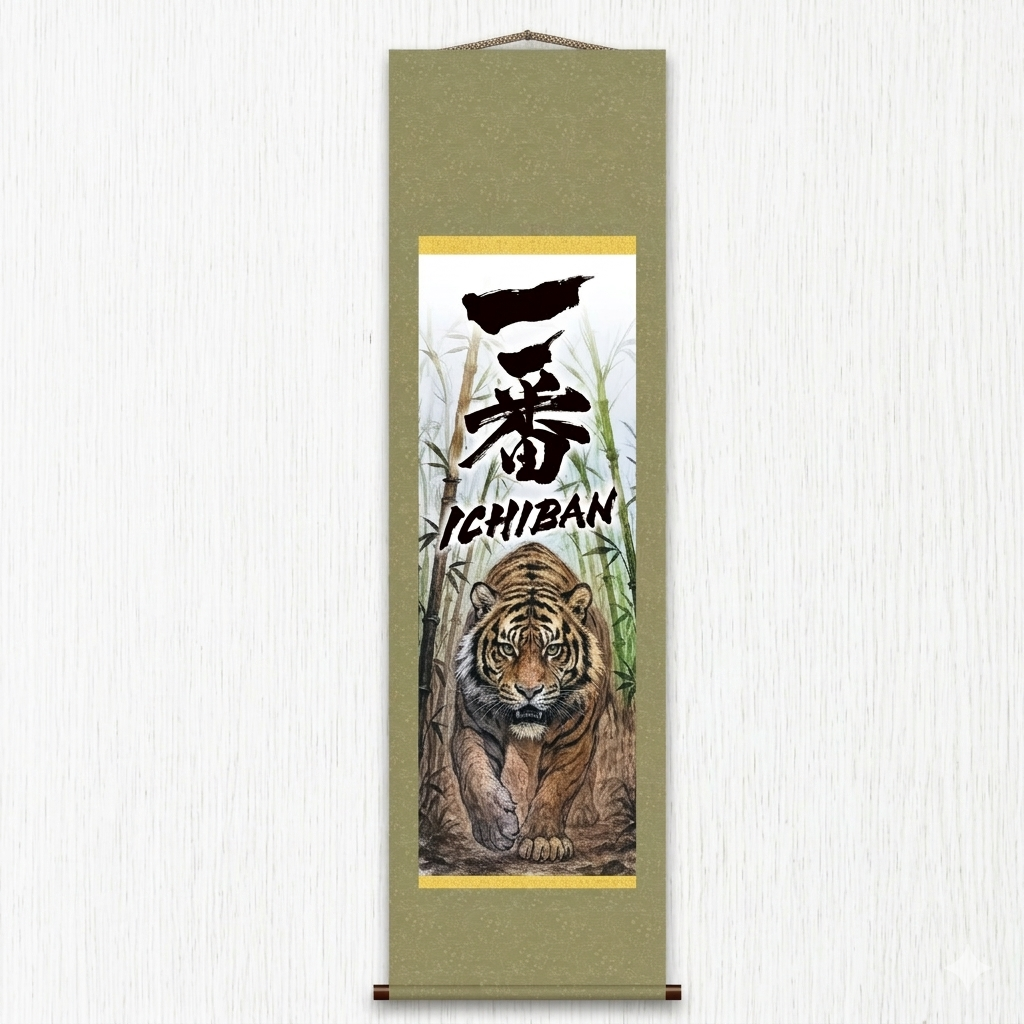 Japanese Ichiban Tiger Kakemono Wall Scroll – Walking Tiger in Bamboo