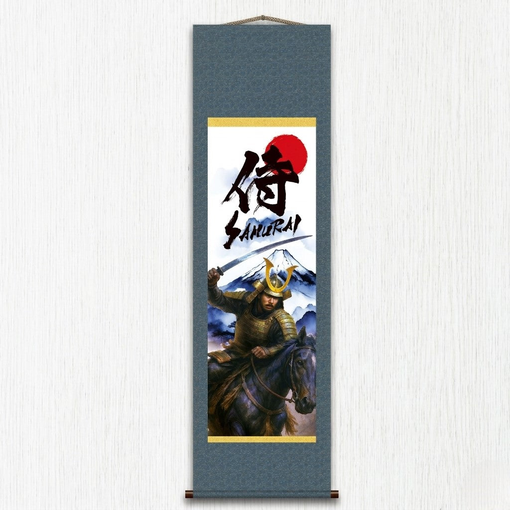 Japanese Samurai Kakemono Wall Scroll – Mounted Samurai with Sword and Mount Fuji