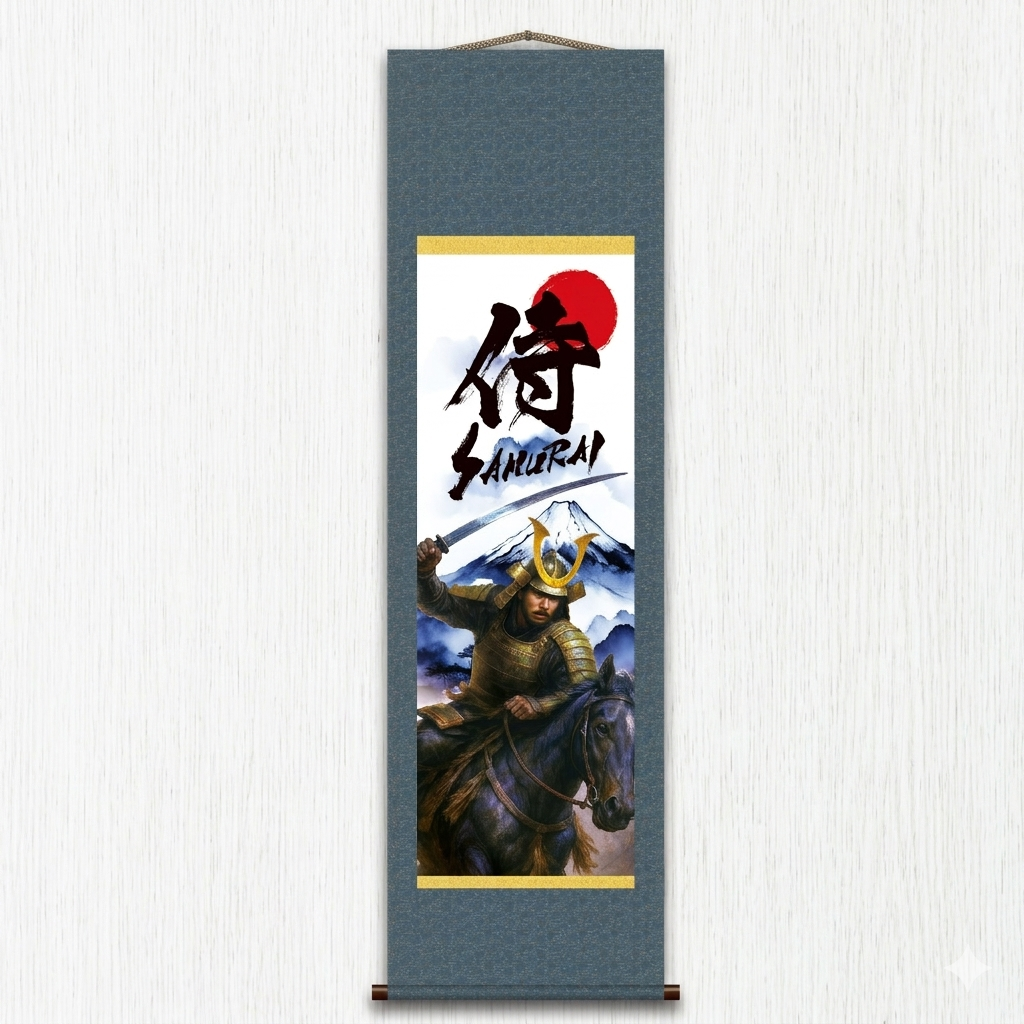 Japanese Samurai Kakemono Wall Scroll – Mounted Samurai with Sword and Mount Fuji