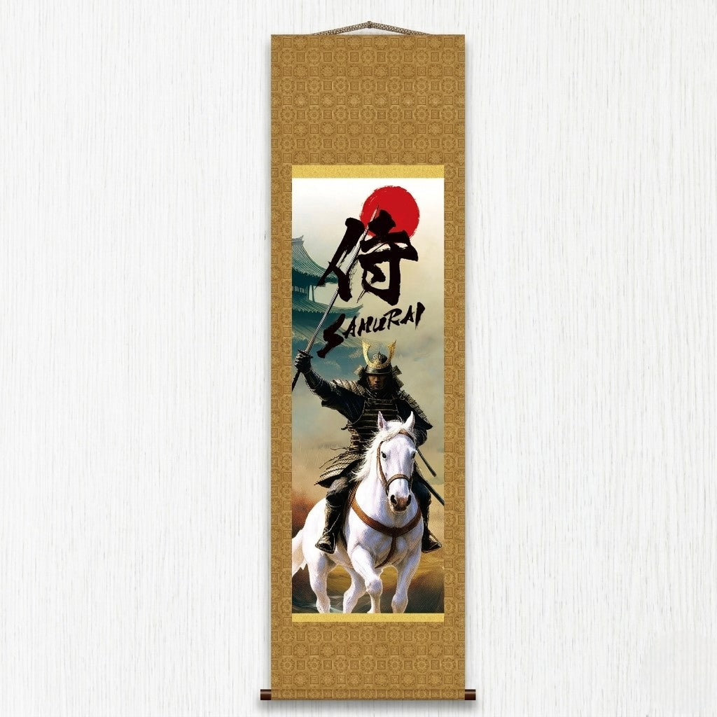 Japanese Samurai Kakemono Wall Scroll – Mounted Samurai with Sword on White Horse