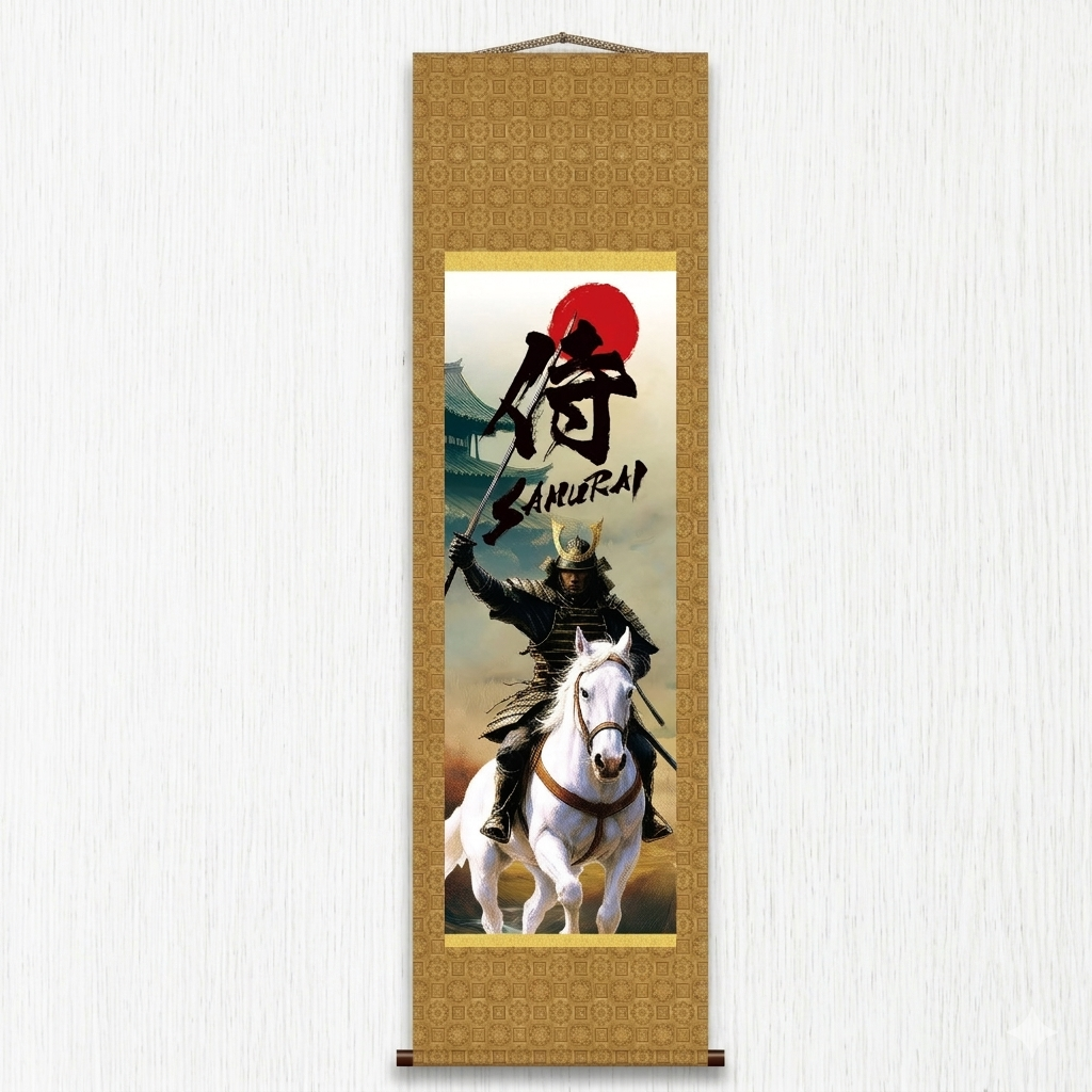 Japanese Samurai Kakemono Wall Scroll – Mounted Samurai with Sword on White Horse